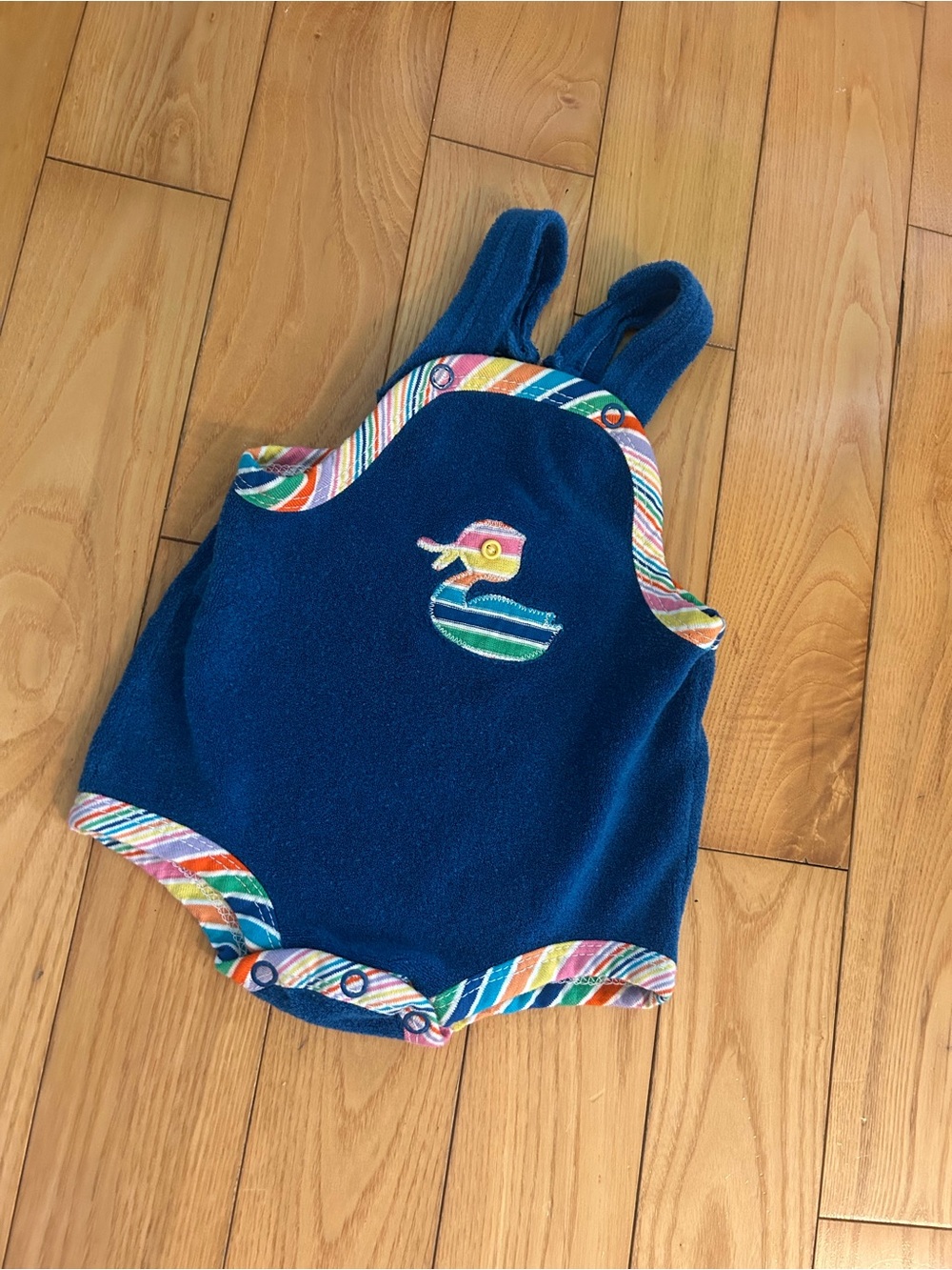 Blue Baby Swim Romper with Colorful Trim and Duck Applique